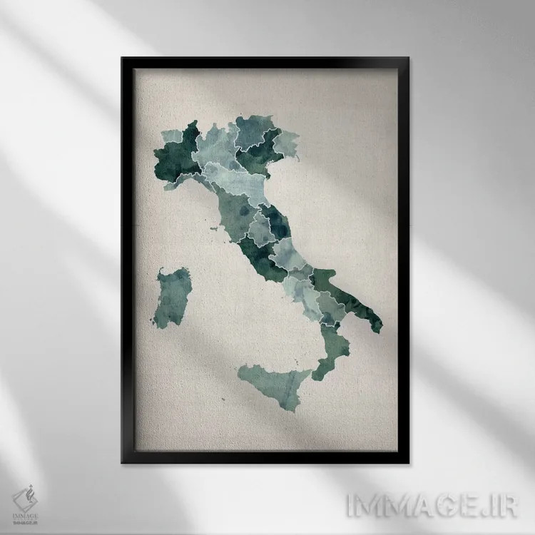 تابلو نقشه آبرنگی ایتالیا اثر مایکل تامپست - نمای قابدار مشکی