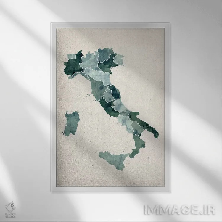 تابلو نقشه آبرنگی ایتالیا اثر مایکل تامپست - نمای قابدار سفید