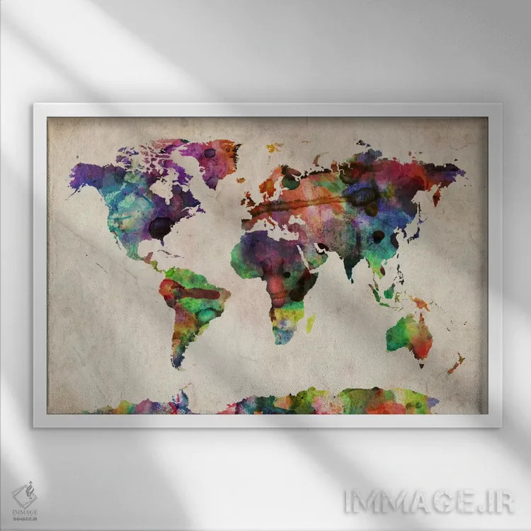 تابلو نقشه جهان آبرنگ شهری ۲ اثر مایکل تامپست - نمای قابدار سفید