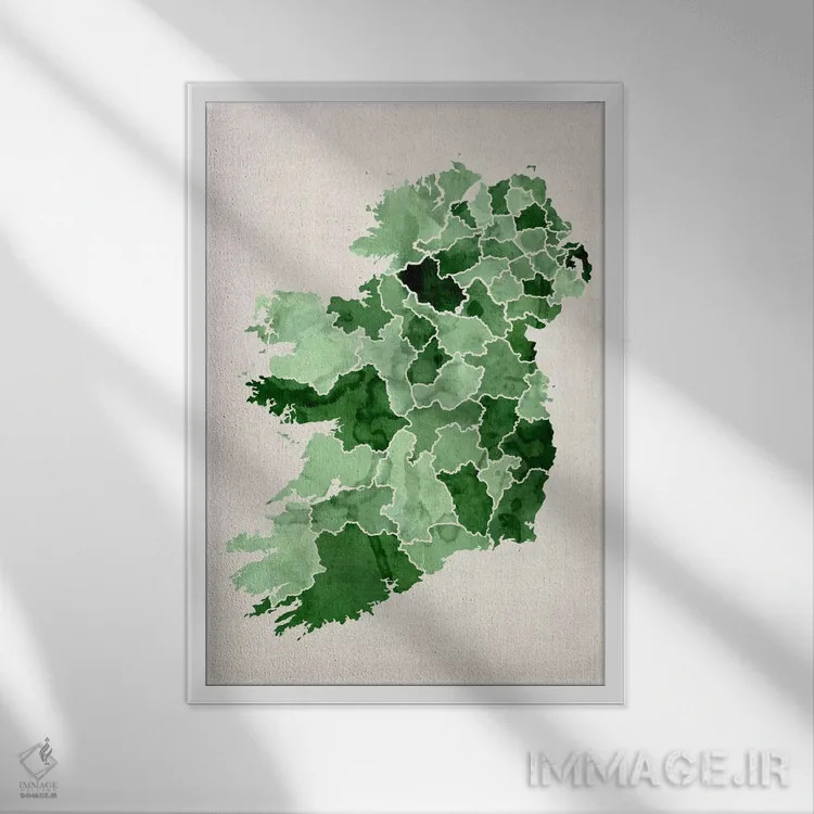 تابلو نقشه آبرنگی ایرلند اثر مایکل تامپست - نمای قابدار سفید