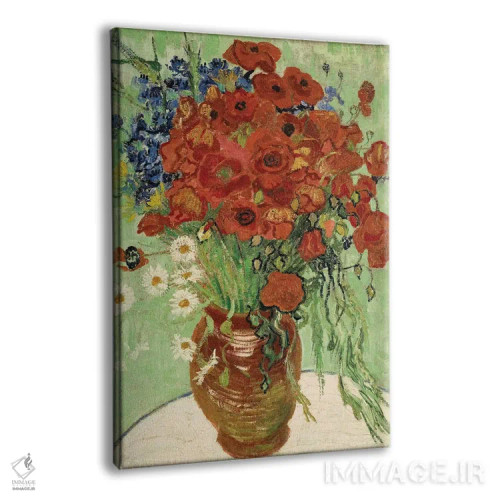 تابلو گلدان با گل مروارید و شقایق اثر ونسان ون گوگ (نقاش مشهور هلندی پستامپرسیونیسم) - نمای پرسپکتیو محصول