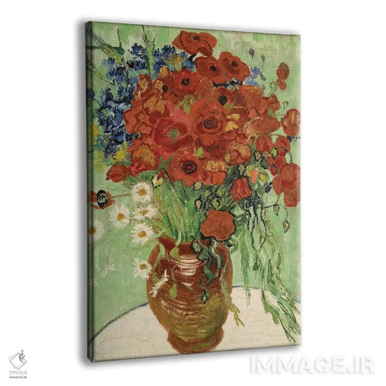 تابلو گلدان با گل مروارید و شقایق اثر ونسان ون گوگ (نقاش مشهور هلندی پستامپرسیونیسم) - نمای پرسپکتیو محصول