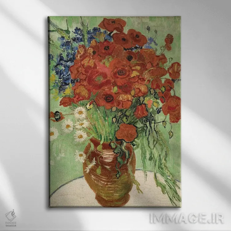 تابلو گلدان با گل مروارید و شقایق اثر ونسان ون گوگ (نقاش مشهور هلندی پستامپرسیونیسم) - نمای روبهرو روی دیوار