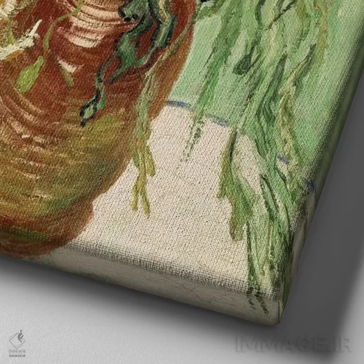 تابلو گلدان با گل مروارید و شقایق اثر ونسان ون گوگ (نقاش مشهور هلندی پستامپرسیونیسم) - نمای نزدیک بافت بوم