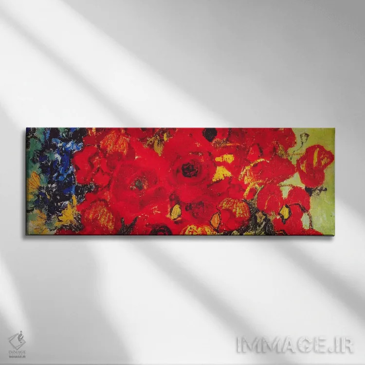 تابلو گلدان با گل مروارید و شقایق اثر ونسان ون گوگ (نقاش مشهور هلندی پستامپرسیونیسم) - نمای روبهرو روی دیوار