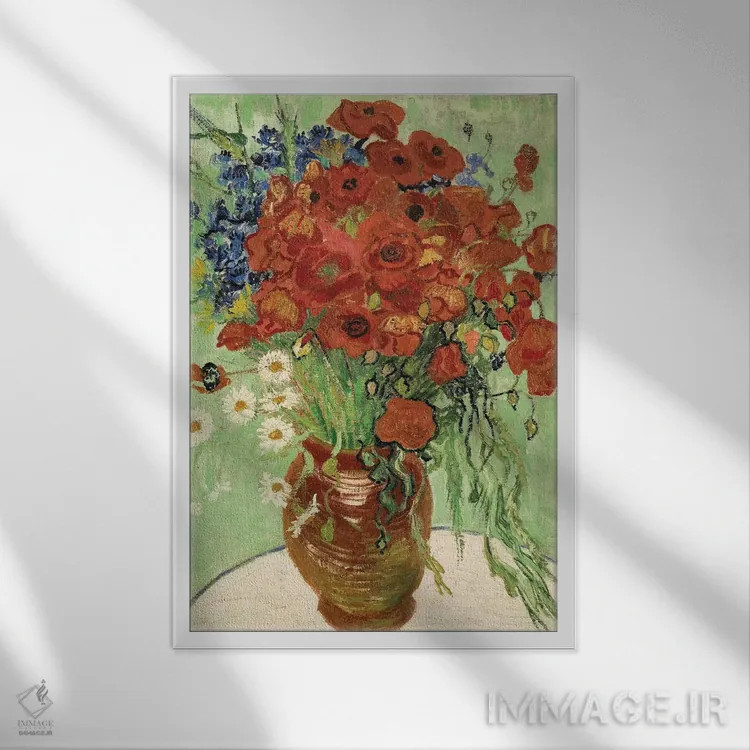 تابلو گلدان با گل مروارید و شقایق اثر ونسان ون گوگ (نقاش مشهور هلندی پستامپرسیونیسم) - نمای قابدار سفید