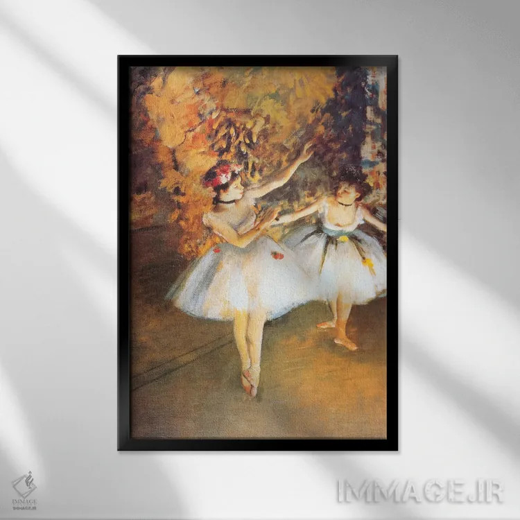 تابلو دو رقاص روی صحنه (به میله تمرین) اثر ادگار دگا (نقاش و مجسمهساز فرانسوی) - نمای قابدار مشکی