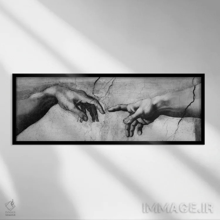 تابلو آفرینش آدم V اثر میکلآنژ (هنرمند و مجسمهساز ایتالیایی دوره رنسانس) - نمای قابدار مشکی
