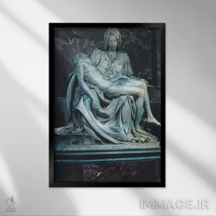 تابلو پیتا (مجسمه مریم و مسیح) اثر میکلآنژ (هنرمند و مجسمهساز ایتالیایی دوره رنسانس) - نمای قابدار مشکی