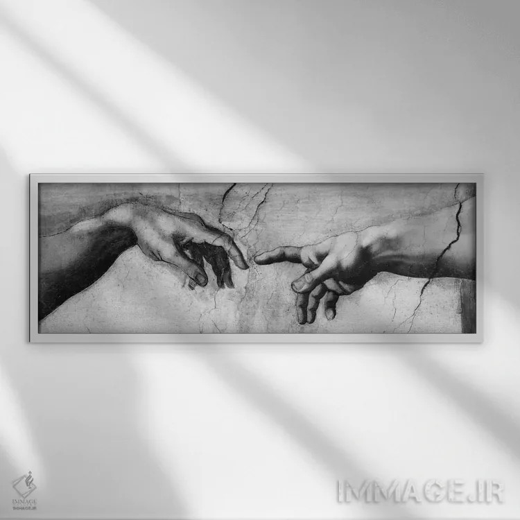 تابلو آفرینش آدم V اثر میکلآنژ (هنرمند و مجسمهساز ایتالیایی دوره رنسانس) - نمای قابدار سفید