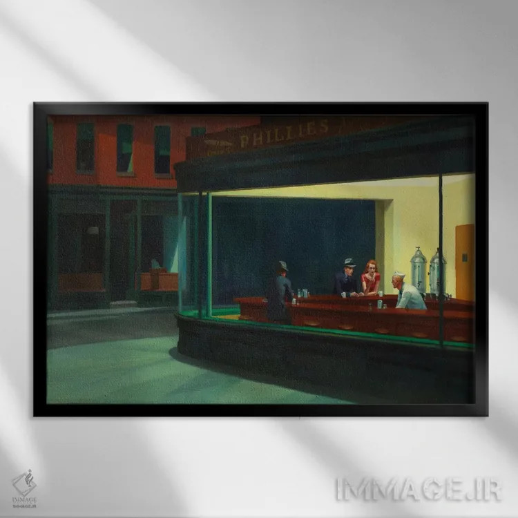 تابلو آسمانشبها، ۱۹۴۲ (شاهکار هنری) اثر ادوارد هاپر (نقاش آمریکایی سبک رئالیسم) - نمای قابدار مشکی