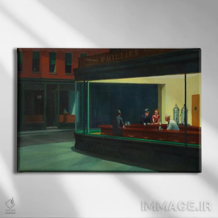 تابلو آسمانشبها، ۱۹۴۲ (شاهکار هنری) اثر ادوارد هاپر (نقاش آمریکایی سبک رئالیسم) - نمای روبهرو روی دیوار