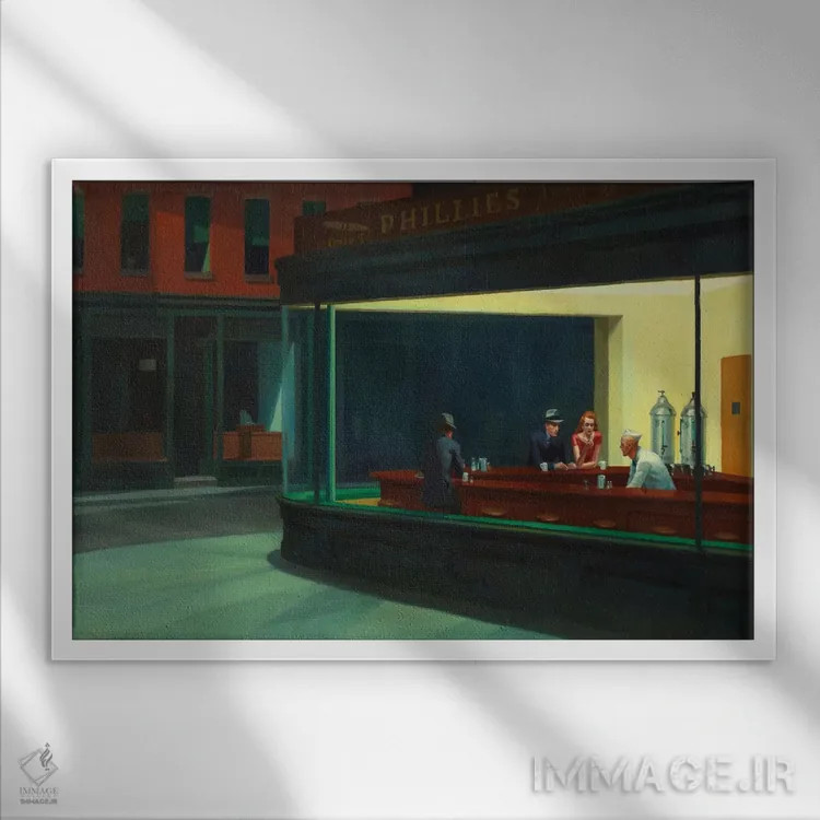 تابلو آسمانشبها، ۱۹۴۲ (شاهکار هنری) اثر ادوارد هاپر (نقاش آمریکایی سبک رئالیسم) - نمای قابدار سفید