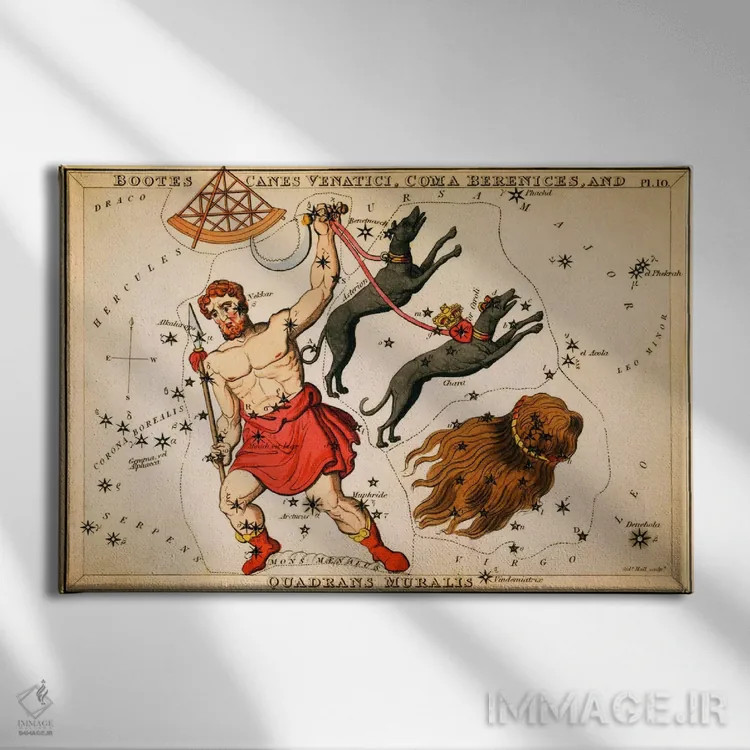 تابلو صورتهای فلکی بوتس، سگ شکارچی، موی برنیکه و ربعنگار اثر سیدنی هال - نمای روبهرو روی دیوار