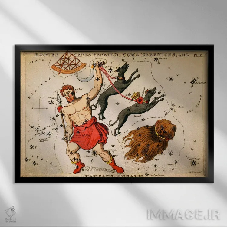 تابلو صورتهای فلکی بوتس، سگ شکارچی، موی برنیکه و ربعنگار اثر سیدنی هال - نمای قابدار مشکی