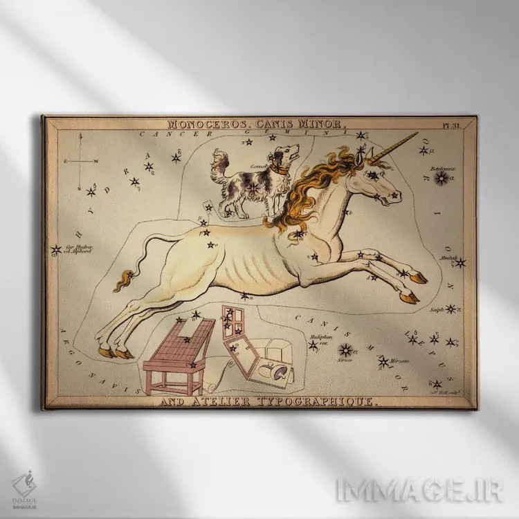 تابلو تکشاخ، سگ کوچک و آتلیه تایپوگرافیک اثر سیدنی هال - نمای روبهرو روی دیوار