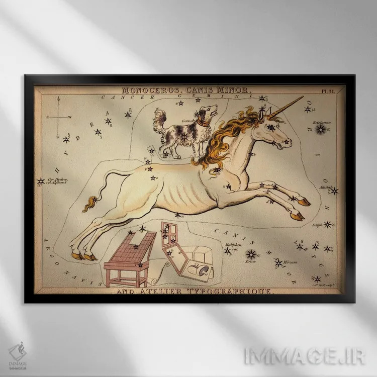 تابلو تکشاخ، سگ کوچک و آتلیه تایپوگرافیک اثر سیدنی هال - نمای قابدار مشکی