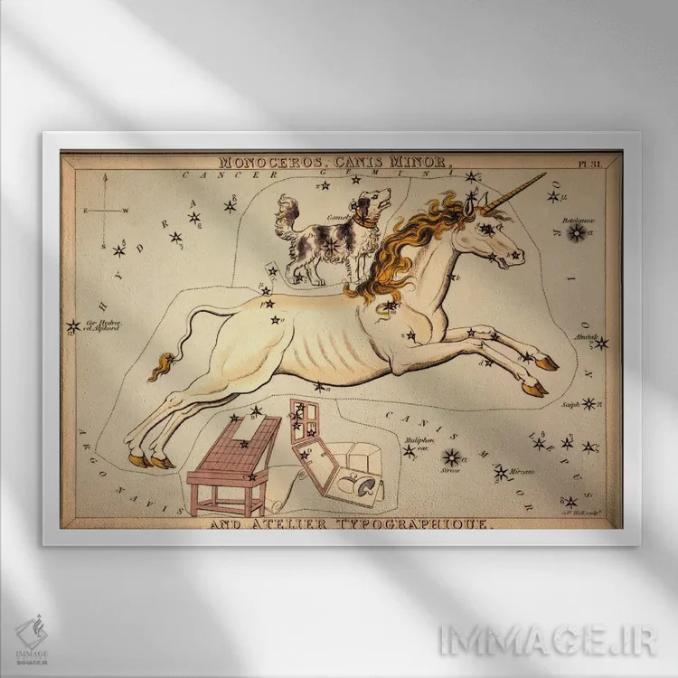 تابلو تکشاخ، سگ کوچک و آتلیه تایپوگرافیک اثر سیدنی هال - نمای قابدار سفید