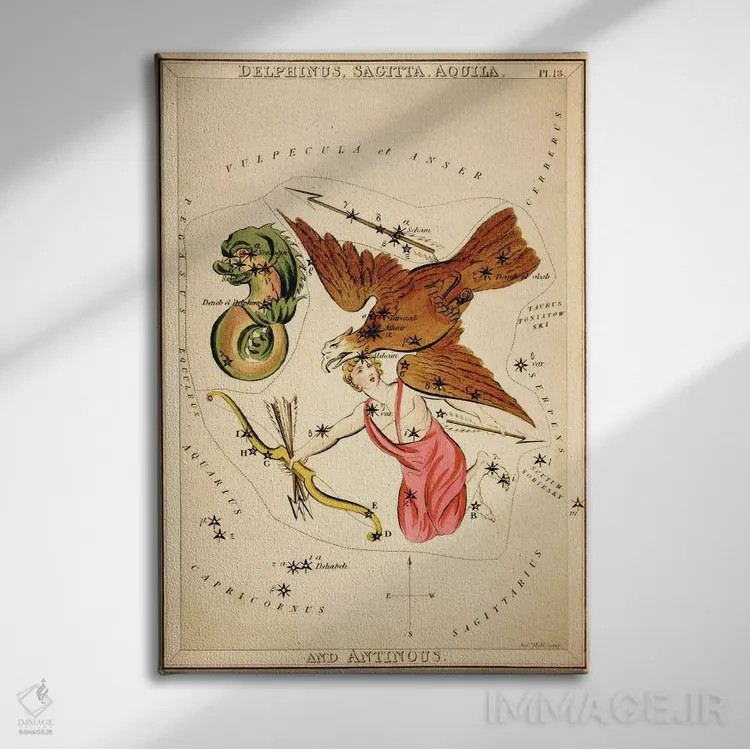 تابلو دلفین، پیکان، عقاب و آنتینوس (صورتهای فلکی) اثر سیدنی هال - نمای روبهرو روی دیوار