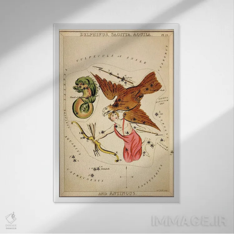 تابلو دلفین، پیکان، عقاب و آنتینوس (صورتهای فلکی) اثر سیدنی هال - نمای قابدار سفید