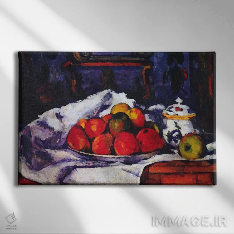 تابلو طبیعت بیجان با کاسهٔ سیب اثر پل سزان - نمای روبهرو روی دیوار