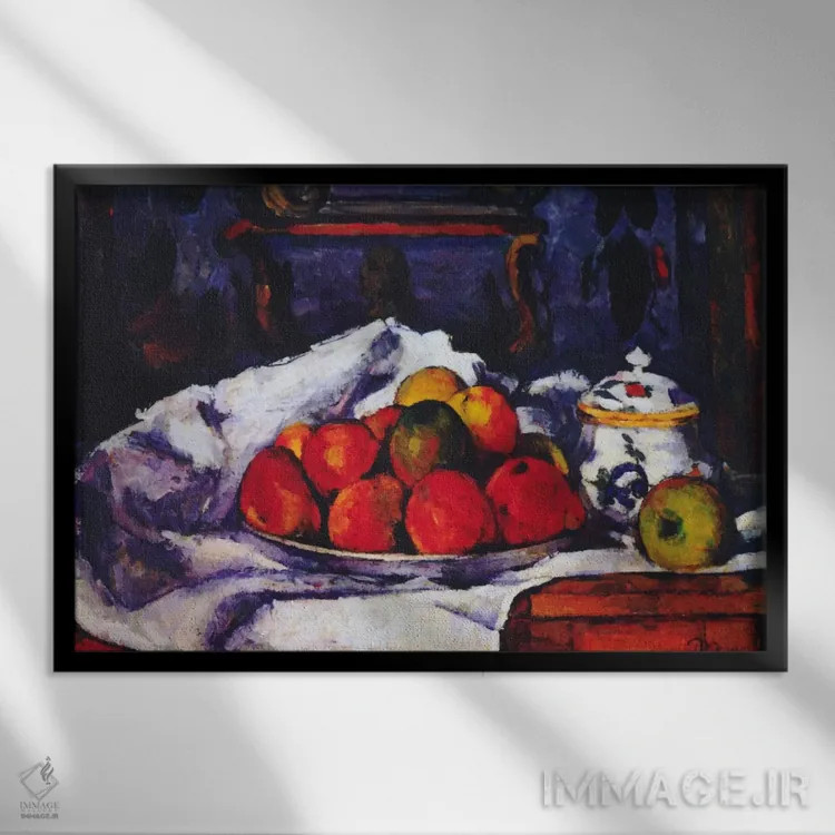 تابلو طبیعت بیجان با کاسهٔ سیب اثر پل سزان - نمای قابدار مشکی