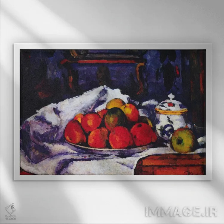 تابلو طبیعت بیجان با کاسهٔ سیب اثر پل سزان - نمای قابدار سفید