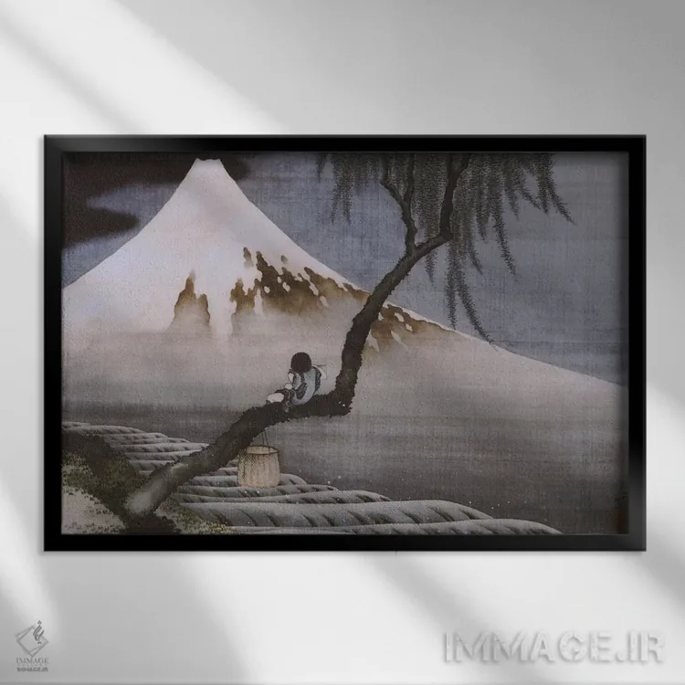 تابلو پسرک روی کوه فوجی اثر کاتسوشیکا هوکوسای (نقاش و هنرمند ژاپنی) - نمای قابدار مشکی