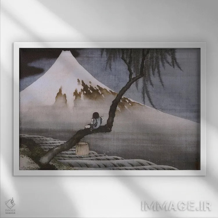 تابلو پسرک روی کوه فوجی اثر کاتسوشیکا هوکوسای (نقاش و هنرمند ژاپنی) - نمای قابدار سفید