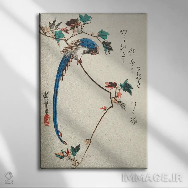 تابلو زاغی آبی بر شاخه افرا اثر اوتاگاوا هیروشگه (نقاش و چاپگر ژاپنی اوکییو-ئه) - نمای روبهرو روی دیوار
