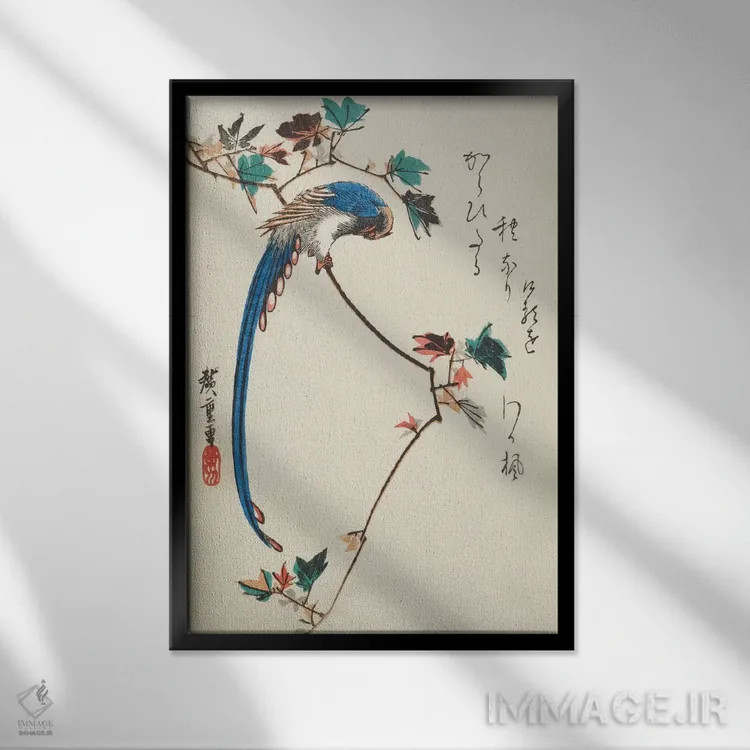 تابلو زاغی آبی بر شاخه افرا اثر اوتاگاوا هیروشگه (نقاش و چاپگر ژاپنی اوکییو-ئه) - نمای قابدار مشکی