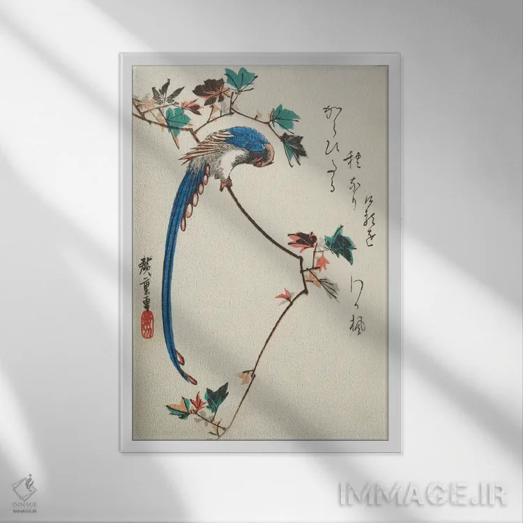 تابلو زاغی آبی بر شاخه افرا اثر اوتاگاوا هیروشگه (نقاش و چاپگر ژاپنی اوکییو-ئه) - نمای قابدار سفید