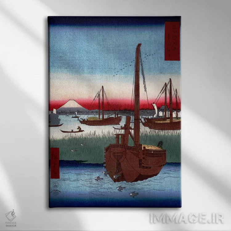 تابلو دریا نزدیکی تسکودا در ادو (توکیو قدیم) اثر اوتاگاوا هیروشگه (نقاش و چاپگر ژاپنی اوکییو-ئه) - نمای روبهرو روی دیوار