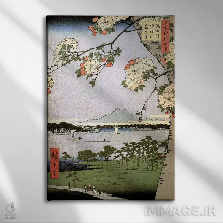 تابلو زیارتگاه سوئیباور و ماساکی بر رودخانه سومیدا اثر اوتاگاوا هیروشگه (نقاش و چاپگر ژاپنی اوکییو-ئه) - نمای روبهرو روی دیوار