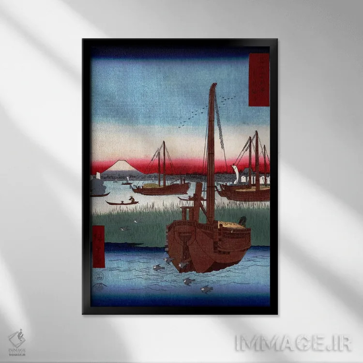 تابلو دریا نزدیکی تسکودا در ادو (توکیو قدیم) اثر اوتاگاوا هیروشگه (نقاش و چاپگر ژاپنی اوکییو-ئه) - نمای قابدار مشکی