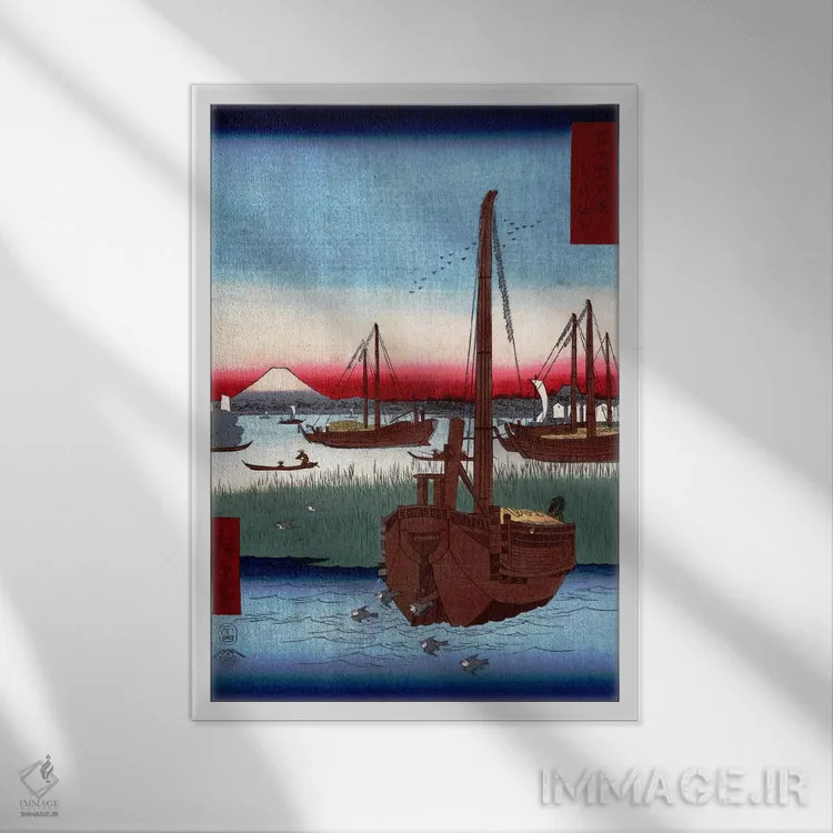 تابلو دریا نزدیکی تسکودا در ادو (توکیو قدیم) اثر اوتاگاوا هیروشگه (نقاش و چاپگر ژاپنی اوکییو-ئه) - نمای قابدار سفید