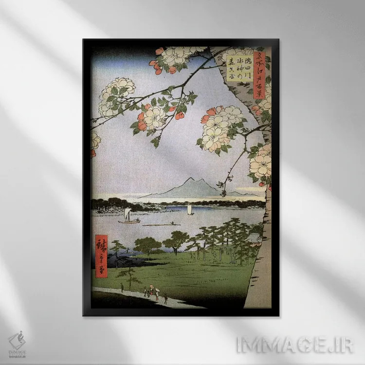 تابلو زیارتگاه سوئیباور و ماساکی بر رودخانه سومیدا اثر اوتاگاوا هیروشگه (نقاش و چاپگر ژاپنی اوکییو-ئه) - نمای قابدار مشکی