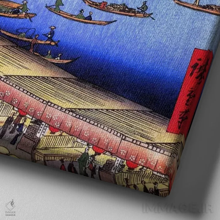 تابلو پل ریوگوکو و حاشیه رود بزرگ اثر اوتاگاوا هیروشگه (نقاش و چاپگر ژاپنی اوکییو-ئه) - نمای نزدیک بافت بوم