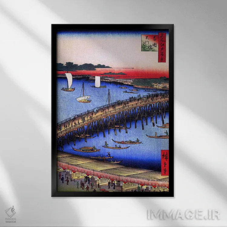 تابلو پل ریوگوکو و حاشیه رود بزرگ اثر اوتاگاوا هیروشگه (نقاش و چاپگر ژاپنی اوکییو-ئه) - نمای قابدار مشکی