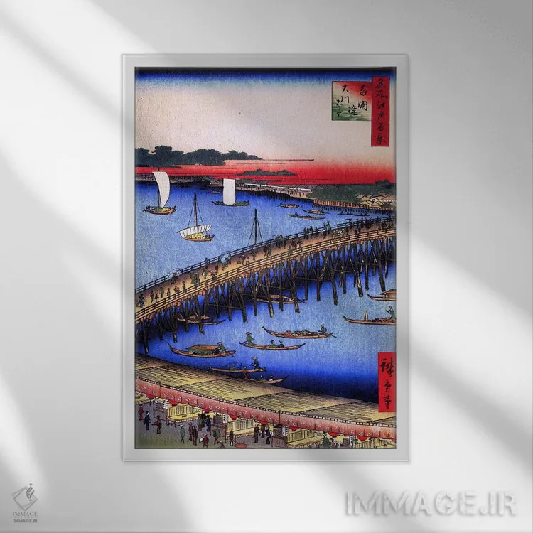 تابلو پل ریوگوکو و حاشیه رود بزرگ اثر اوتاگاوا هیروشگه (نقاش و چاپگر ژاپنی اوکییو-ئه) - نمای قابدار سفید