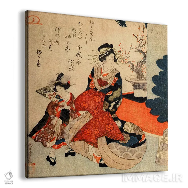 تابلو کورتزان و کامورو در سال نو (ژاپن) اثر اوتاگاوا هیروشگه (نقاش و چاپگر ژاپنی اوکییو-ئه) - نمای پرسپکتیو محصول