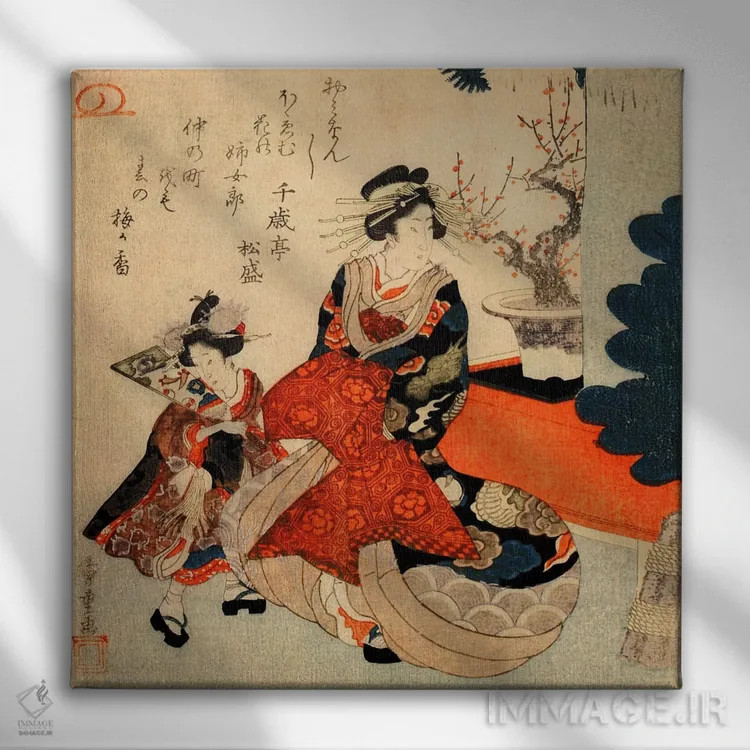 تابلو کورتزان و کامورو در سال نو (ژاپن) اثر اوتاگاوا هیروشگه (نقاش و چاپگر ژاپنی اوکییو-ئه) - نمای روبهرو روی دیوار