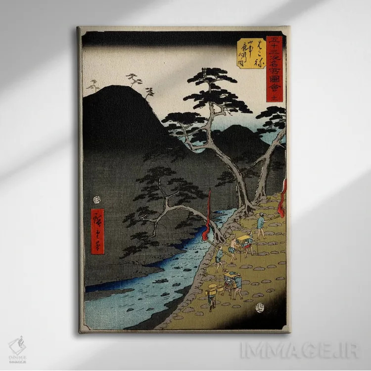 تابلو هاکونه، رژه شبانه در کوهستان اثر اوتاگاوا هیروشگه (نقاش و چاپگر ژاپنی اوکییو-ئه) - نمای روبهرو روی دیوار