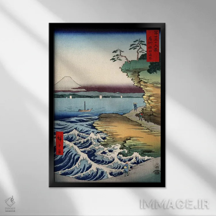تابلو ساحل کوبوتا در استان آوا (ژاپن) اثر اوتاگاوا هیروشگه (نقاش و چاپگر ژاپنی اوکییو-ئه) - نمای قابدار مشکی