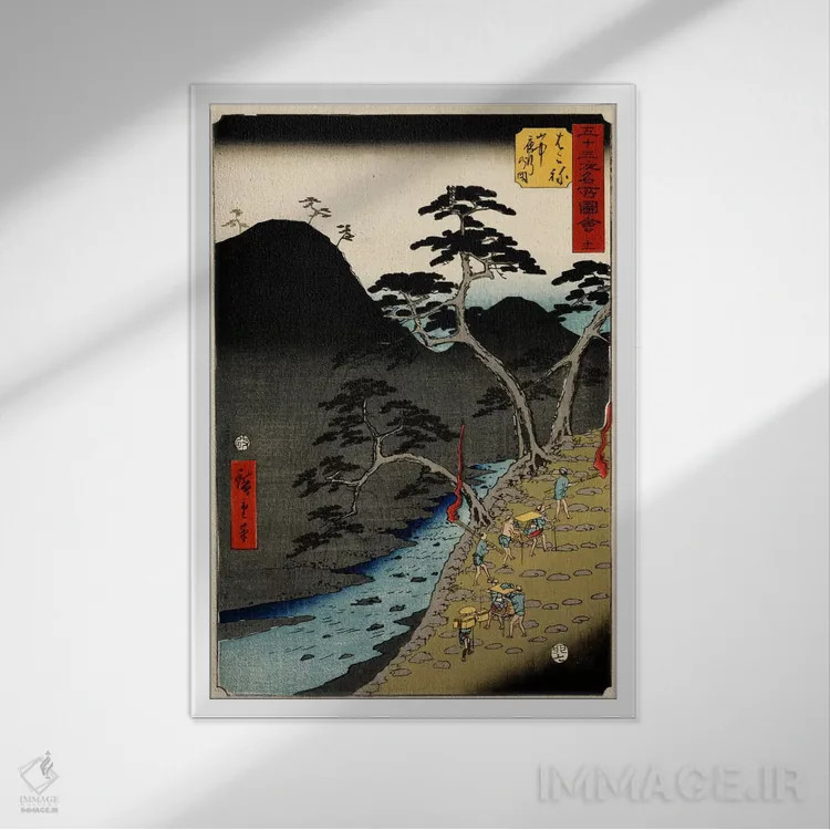 تابلو هاکونه، رژه شبانه در کوهستان اثر اوتاگاوا هیروشگه (نقاش و چاپگر ژاپنی اوکییو-ئه) - نمای قابدار سفید