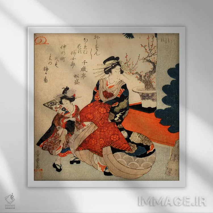تابلو کورتزان و کامورو در سال نو (ژاپن) اثر اوتاگاوا هیروشگه (نقاش و چاپگر ژاپنی اوکییو-ئه) - نمای قابدار سفید