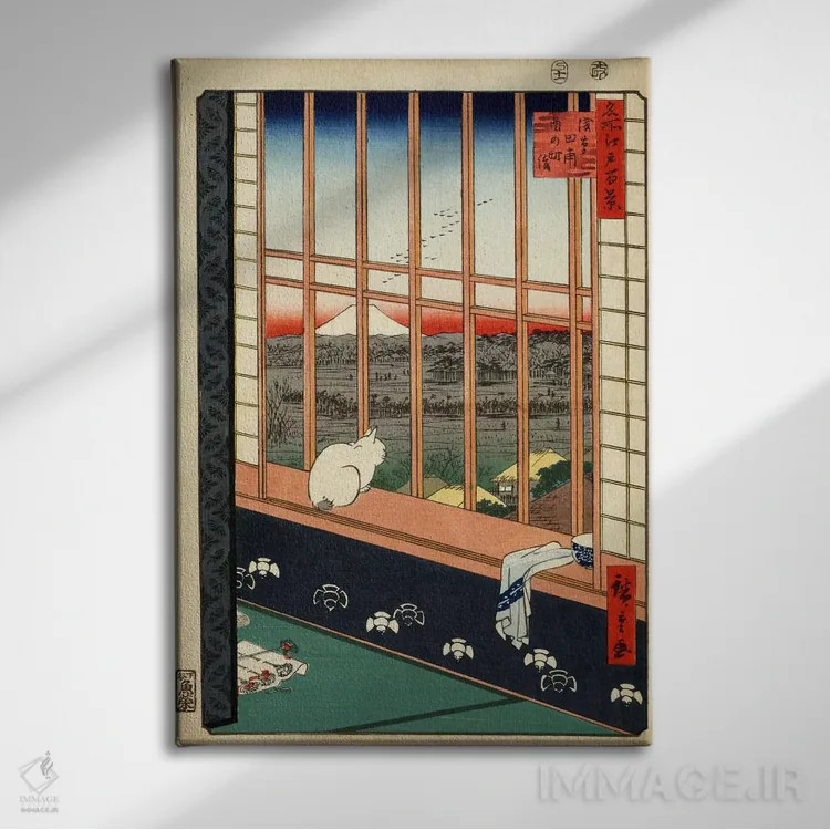 تابلو مزارع برنج آساکوسا و جشنواره تورینوماتچی (ژاپن) اثر اوتاگاوا هیروشگه (نقاش و چاپگر ژاپنی اوکییو-ئه) - نمای روبهرو روی دیوار