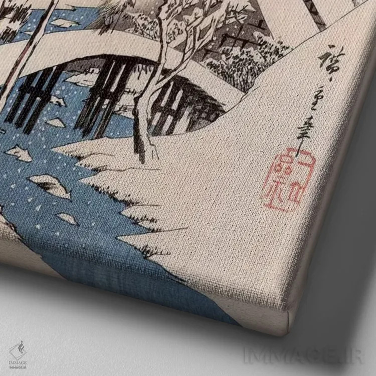 تابلو پل در منظرهای برفی اثر اوتاگاوا هیروشگه (نقاش و چاپگر ژاپنی اوکییو-ئه) - نمای نزدیک بافت بوم