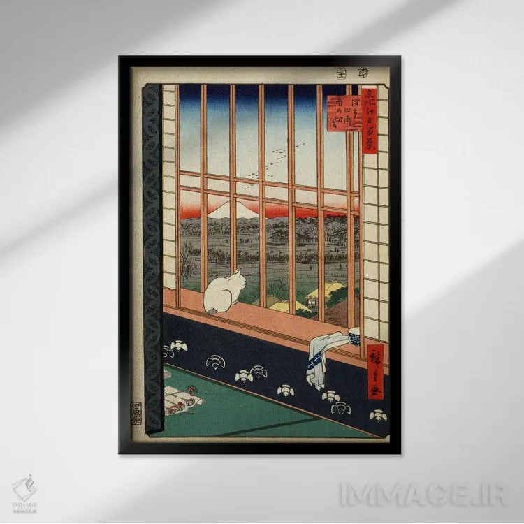 تابلو مزارع برنج آساکوسا و جشنواره تورینوماتچی (ژاپن) اثر اوتاگاوا هیروشگه (نقاش و چاپگر ژاپنی اوکییو-ئه) - نمای قابدار مشکی