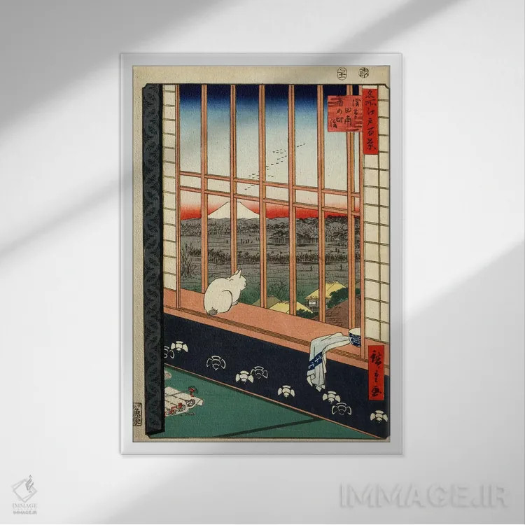 تابلو مزارع برنج آساکوسا و جشنواره تورینوماتچی (ژاپن) اثر اوتاگاوا هیروشگه (نقاش و چاپگر ژاپنی اوکییو-ئه) - نمای قابدار سفید